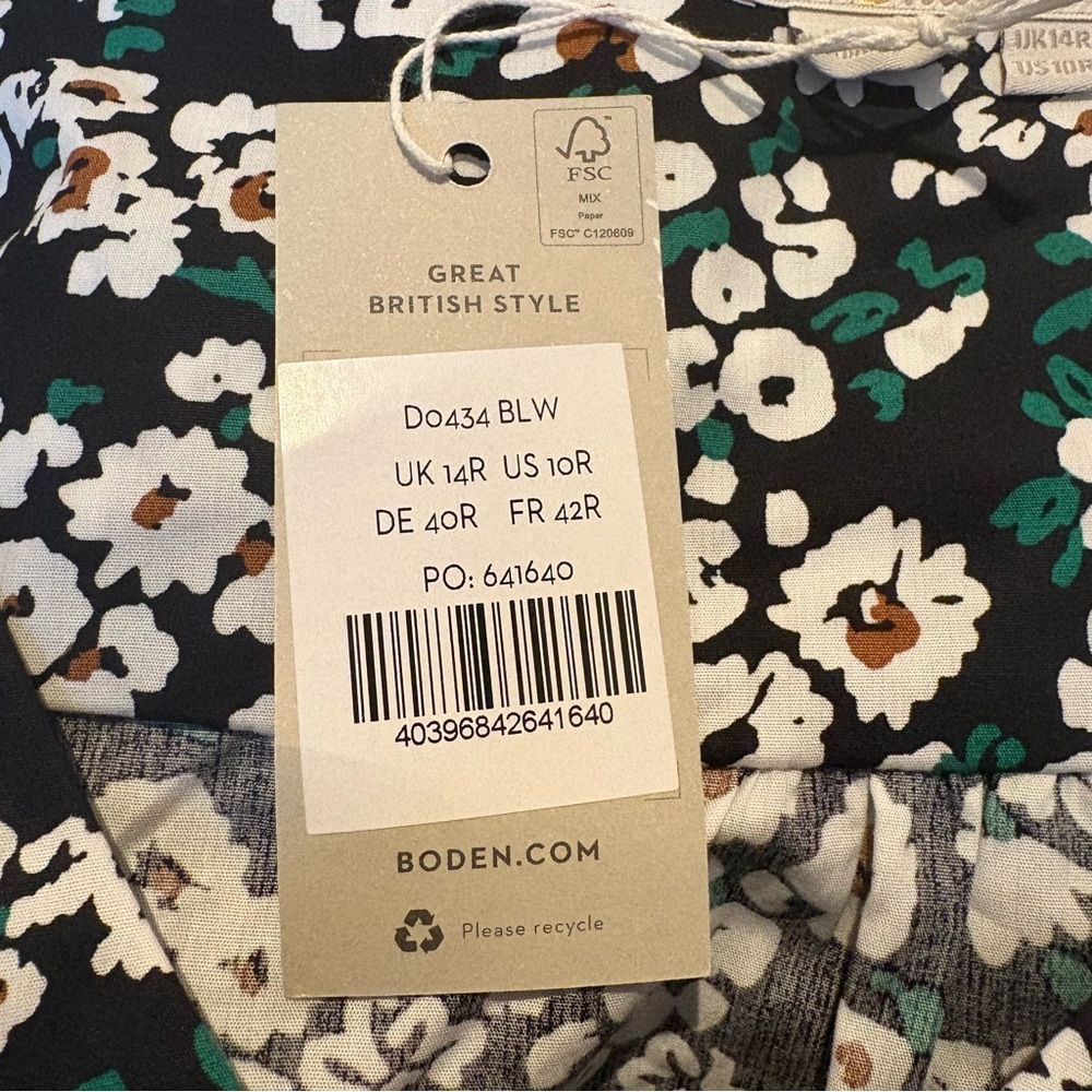 NWT~BODEN Black Green White Floral Ruffle Hem Puff Sleeve Garden Dress Size 10 - Picture 7 of 9